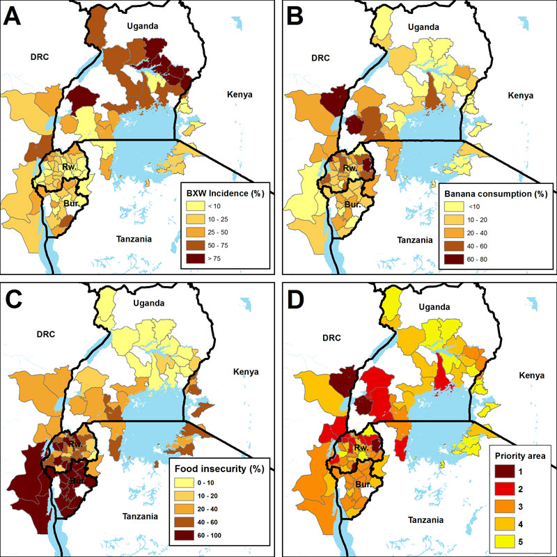 Banana disease (BXW) incidence (A), banana consumption as % of caloric intake (B) and food insecurity (C) define the prioritization areas (D) in targeting BXW.